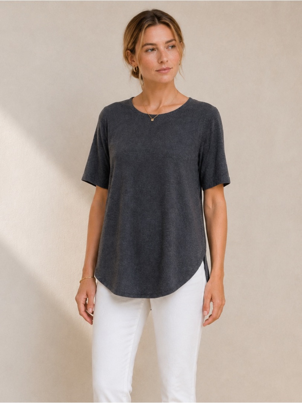 Eileen Fisher Stretch Jersey Tunic Tee Gray High Low Top Medium - Picture 1 of 10